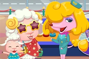 Animowane postacie zwierząt w kolorowych strojach na tle lotniska