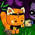 Dwie urocze, kreskówkowe postacie w lesie, jedna w pomarańczowym, druga w fioletowym stroju, wymieniające się mapą