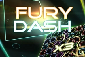 Napis Fury Dash na tle geometrycznych kształtów i kolorowych wzorów