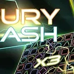 Napis Fury Dash na tle geometrycznych kształtów i kolorowych wzorów