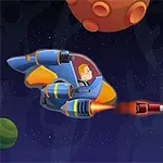 Statek kosmiczny z pilotem strzela pociskiem w kierunku drugiego statku w kosmicznej scenerii z kolorowymi planetami