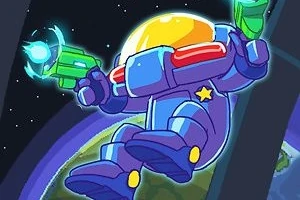 Kosmonauta w fioletowym skafandrze z żółtym wizjerem unosi się w kosmosie, trzymając zielone pistolety, z Ziemią w tle