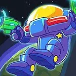 Kosmonauta w fioletowym skafandrze z żółtym wizjerem unosi się w kosmosie, trzymając zielone pistolety, z Ziemią w tle