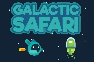 Napis „GALACTIC SAFARI” z postacią przypominającą królika i zielonym kosmitą w rakiecie na tle gwiazd