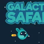 Napis „GALACTIC SAFARI” z postacią przypominającą królika i zielonym kosmitą w rakiecie na tle gwiazd