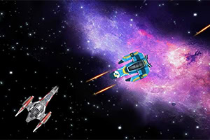 Dwie kosmiczne statki unoszą się w kolorowym, gwiezdnym tle galaktyki