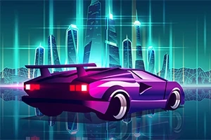 Futurystyczny, fioletowy samochód sportowy na tle neonowego miasta z wysokimi, podświetlonymi drapaczami chmur