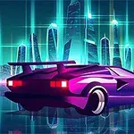 Futurystyczny, fioletowy samochód sportowy na tle neonowego miasta z wysokimi, podświetlonymi drapaczami chmur