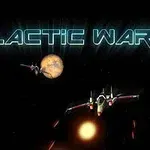 Kosmiczna scena z dwoma statkami kosmicznymi, planetami i dużym napisem GALACTIC WAR na gwiaździstym tle