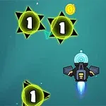 Statek kosmiczny strzela w zielone, gwiaździste przeszkody z cyfrą 1 na niebieskim tle