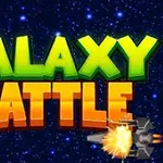 Kolorowy napis Galaxy Battle na tle gwiaździstego nieba z eksplozją w prawym dolnym rogu