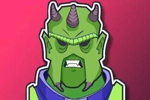 Zielona postać z fioletowymi rogami i wściekłym wyrazem twarzy na tle w odcieniach czerwieni i różu