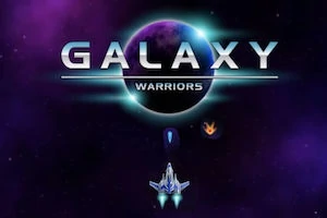 Napis GALAXY WARRIORS na tle kosmosu z planetą oraz statek kosmiczny lecący w stronę kosmosu