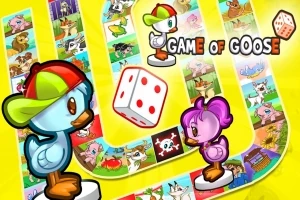 Postacie kaczek w kolorowych czapkach na planszy z kostką do gry