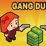 Postacie w stylu kreskówki z bronią mierzące do siebie, z plikiem dolarów między nimi na tle pomarańczowego gradientu