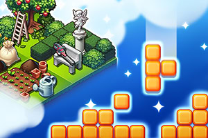 Scena ogrodu z ławką, rzeźbą, drzewem i narzędziami ogrodniczymi po lewej stronie, z elementami układanki na niebieskim tle z prawej strony