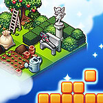 Scena ogrodu z ławką, rzeźbą, drzewem i narzędziami ogrodniczymi po lewej stronie, z elementami układanki na niebieskim tle z prawej strony