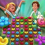 Para uśmiechniętych postaci w otoczeniu kolorowych kwiatów na planszy puzzli z napisem Garden Bloom