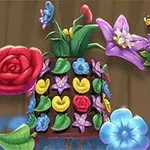 Kolorowe kwiaty dekorujące doniczkę na tle logotypu z motylem i pszczołą