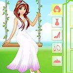 Postać siedząca na huśtawce w białej sukience z różowymi akcentami, obok menu z opcjami wyboru fryzury i akcesoriów na jasnym tle