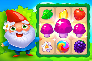 Krasnal z brodą i kapeluszem z kwiatkiem stoi obok planszy z kolorowymi ikonami liści, owoców i błyszczących grzybów na tle zieleni