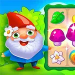 Krasnal z brodą i kapeluszem z kwiatkiem stoi obok planszy z kolorowymi ikonami liści, owoców i błyszczących grzybów na tle zieleni