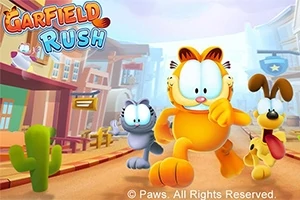 Garfield, Odie i Nermal biegną ulicą w kolorowym, kreskówkowym miasteczku