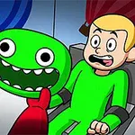 Postać w zielonym stroju siedzi na krześle i jest przestraszona, podczas gdy inna postać trzyma zieloną maskę z dużymi oczami i szerokim uśmiechem