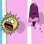 Lodowy lizak z fioletową górą i gałka żółtej, zębatej postaci na różowym tle