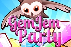 Sowa nad kolorowymi klejnotami z różowym napisem Gem Jem Party