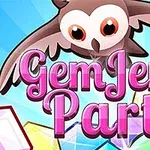 Sowa nad kolorowymi klejnotami z różowym napisem Gem Jem Party