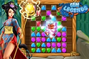 Postać kobiety w tradycyjnym stroju z magiczną laską obok kolorowej planszy z klejnotami