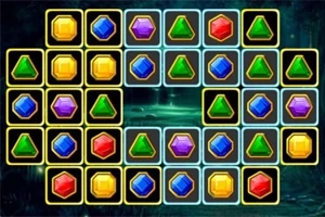 Kolorowe, geometryczne klejnoty w różnych kształtach i barwach ułożone w siatkę na ciemnym tle