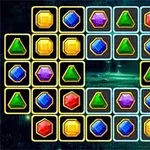 Kolorowe, geometryczne klejnoty w różnych kształtach i barwach ułożone w siatkę na ciemnym tle