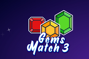 Trzy kolorowe klejnoty: czerwony, żółty i zielony na fioletowym tle z napisem Gems Match 3