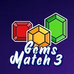 Trzy kolorowe klejnoty: czerwony, żółty i zielony na fioletowym tle z napisem Gems Match 3