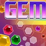 Napis GEMS na kolorowym tle z różnokolorowymi klejnotami i sześciokątami