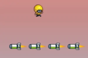 Postać w żółtym kasku unosząca się nad czterema lecącymi rakietami na różowym tle