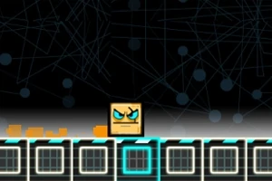 Kwadratowy awatar z gniewnym wyrazem twarzy na tle abstrakcyjnych linii i kółek, stojący na platformie o geometrycznych wzorach