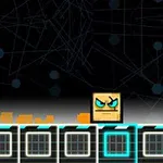 Kwadratowy awatar z gniewnym wyrazem twarzy na tle abstrakcyjnych linii i kółek, stojący na platformie o geometrycznych wzorach