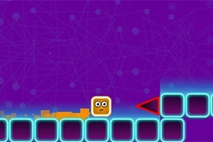 Fioletowe tło z żółtym kwadratem z oczami na neonowej ścieżce