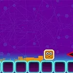 Fioletowe tło z żółtym kwadratem z oczami na neonowej ścieżce