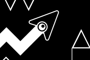 Czarne tło z białym strzałem i ostrymi trójkątnymi kształtami