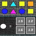 Kolorowe figury geometryczne, takie jak kwadraty, trójkąty i koła, z symbolem mnożenia i opcjami liczbowymi na ciemnym tle
