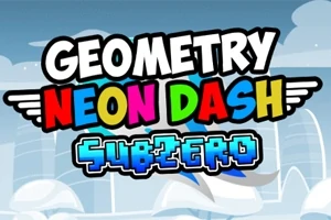 Logo z kolorowym napisem Geometry Neon Dash Subzero na tle niebieskiego, kreskówkowego krajobrazu z śniegiem