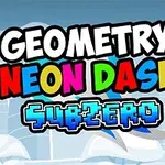 Logo z kolorowym napisem Geometry Neon Dash Subzero na tle niebieskiego, kreskówkowego krajobrazu z śniegiem