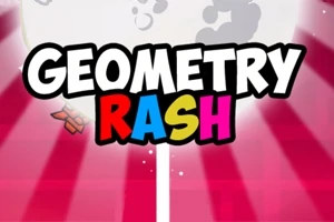 Napis GEOMETRY RASH z kolorowymi literami na tle z promieniami w odcieniach czerwieni i bieli