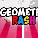 Napis GEOMETRY RASH z kolorowymi literami na tle z promieniami w odcieniach czerwieni i bieli