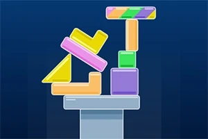 Kolorowe geometryczne bloki ułożone w niestabilną konstrukcję na niebieskim tle