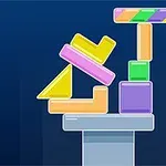 Kolorowe geometryczne bloki ułożone w niestabilną konstrukcję na niebieskim tle